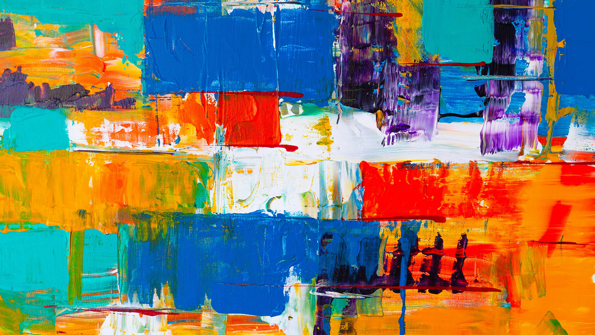 The surface of a fabric easel in rectangular multi-colored strokes of oil paints - orange, yellow, red, claret, lilac, purple, blue, turquoise, white.