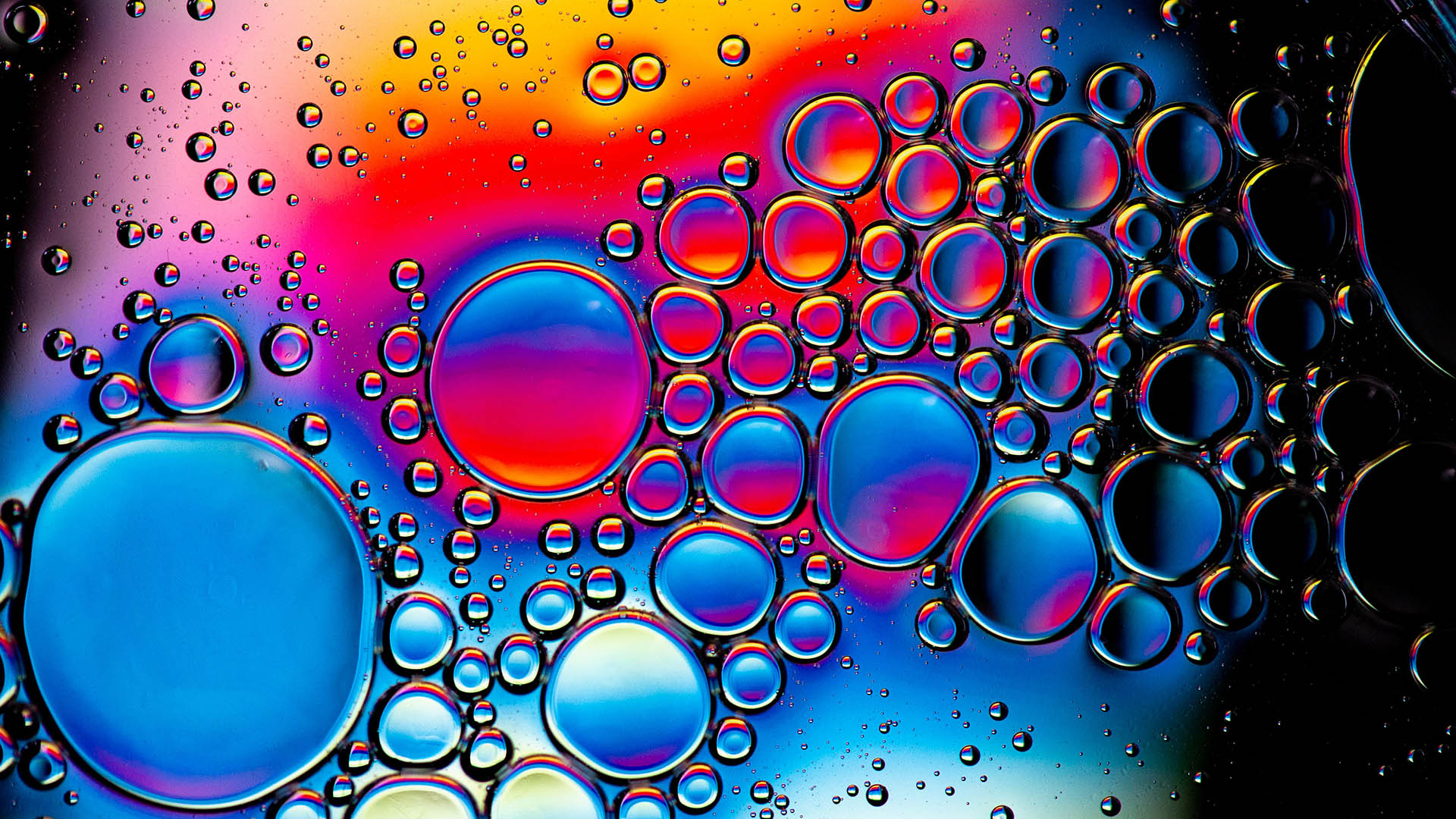 Air bubbles of different sizes in a thick transparent liquid reminiscent of jelly. Liquid on a multi-colored background that includes - blue, cyan, pink, red, orange, yellow, turquoise, light green colors.