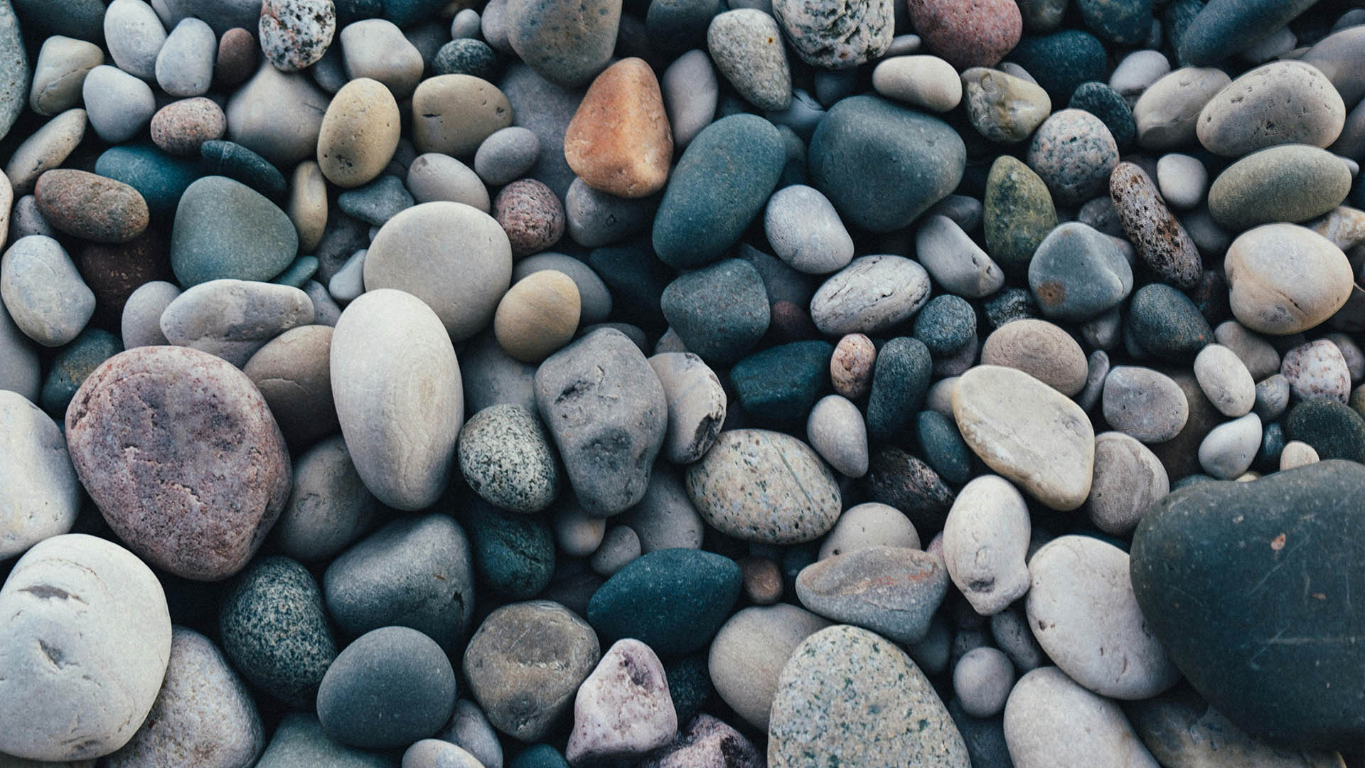 close-up of smooth water-polished sea stones. Stones are very diverse in size, shape and colors. From different breeds - granite, limestone, quartzite.